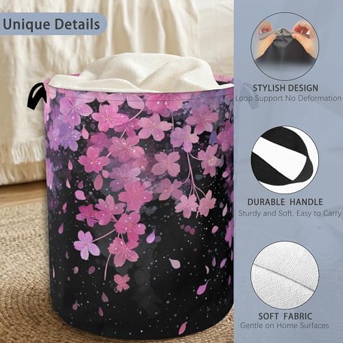 Cherry Blossoms Laundry Basket,Foldable with Handles Tote Bag Oxford Cloth for Bathroom Bedroom Dirty Clothes Storage Bucket 16" x 20.8"