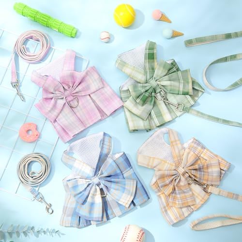 Potchen 4 Pcs Plaid Dog Dresses with Bow Harness and Leashes,S,Light Color