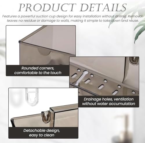 Huakaile 15''/38.2 CM Corrugated Suction Cup Storage Holder Shelf, Wall-Mounted Suction Shower Caddy with Drainage Holes & 4 Hooks No Drill Movable Rack Organizer for Bathroom Kitchen (Gray)