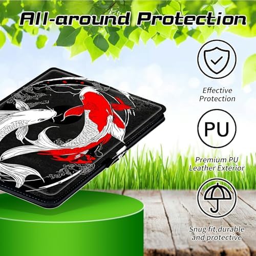 Universal Tablet Case for T-Mobile Revvl Tab 2 10.1" 2025/Revvl Tab 5G 10.36" 2023, 360 Degree Rotating Kickstand Protective Stand PU Leather Shell Cover for 9"-10.5", Red White Fish