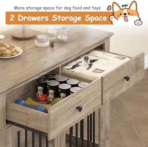 PRETZI Dog Crate Furniture, 44 Inch Wooden Dog Kennel Indoor with 2 Storage Drawers, Heavy Duty Large Crate Furniture, Decorative End Table Cage Furniture for Small/Medium/Large (Grey)