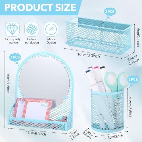 Weysat Set of 5 Magnetic Locker Accessories Mirror with 2 Magnetic Pen Holder and 2 Wire Mesh Storage Basket for Students Back to School Locker Organizer for Office End of School Years Gifts(Blue)
