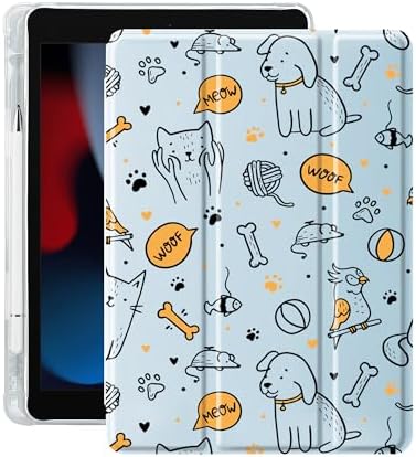 Cute Pets Cats Case for 10.2" iPad 9th/7th/8th Generation, Clear TPU Smart Stand Back Cover with Pencil Holder, Auto Wake/Sleep Protective Case for iPad 2021/2020/2019