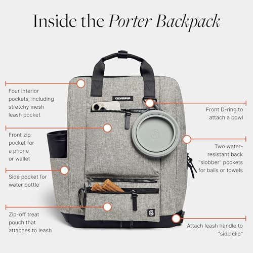 Cleverpup Porter 2-in-1 Dog Gear Travel Backpack - 10 Pockets, Heather Grey