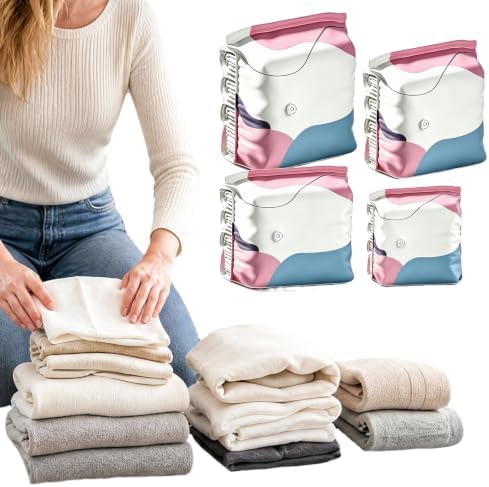 4pcs Travel Vacuum Bags Reusable No-Pump Vacuum Storage Bags (Medium Large) | 2pcs Vacuum Seal Bags Without Pump; Travel Space Saver Bags for Clothes, Bedding, Comforters; Reusable PET/PE; Double Zipper
