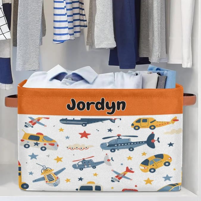 Personalized Storage Basket with Name, Rectangle Toys Storage Bin with Handles for Baby, Boys, Girls, Collapsible Basket for Clothes, Books, Cartoon Planes Car Taxi