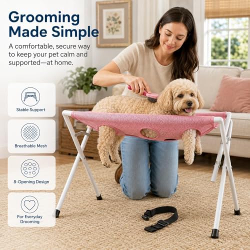 Foldable Pet Bathing Stand, Mesh‑Surface Grooming Stand for Small Pets (Grey) | Portable Dog Grooming Shower Rack with 8 Holes & Adjustable Straps, Foldable Metal Frame for Daily Pet Care and Bathing