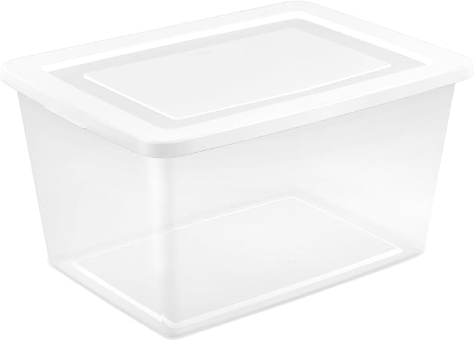 Sterilite Clear Storage Box Stackable Tote, 58 Quart, 16-Pack | Clear Plastic Container with Secure Snapping Lids for Home and Office Organization, White
