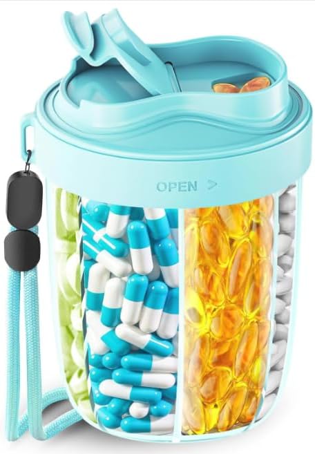 Large Pill Dispenser to Store 7 Various Supplements - Pill Organizer & Supplement Organizer for Travel, Anti-Mixing Design, with Strap & 20 Sticky Labels (Blue)