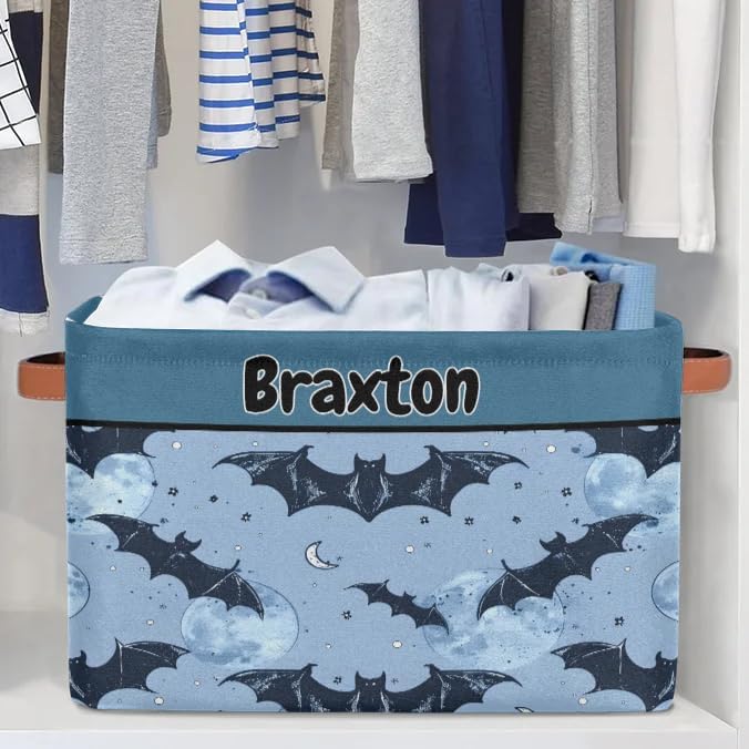 Personalized Storage Bins, Customized Name Storage Basket Rectangle Clothes Organizer for Organizing Kids and Pets Toys Shelf Closet, Dark Blue Bat with Stars