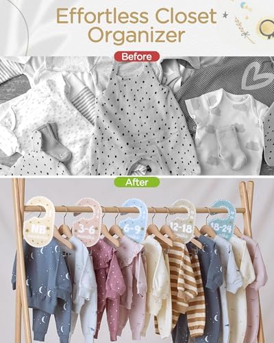 POVETIRE Baby Closet Dividers for Clothes Organizer,Set of 8 Neutral Double-Sided Baby Clothes Size Labels,Nursery Organization for Newborn Clothing, Infant to 24 Months Boy & Girl