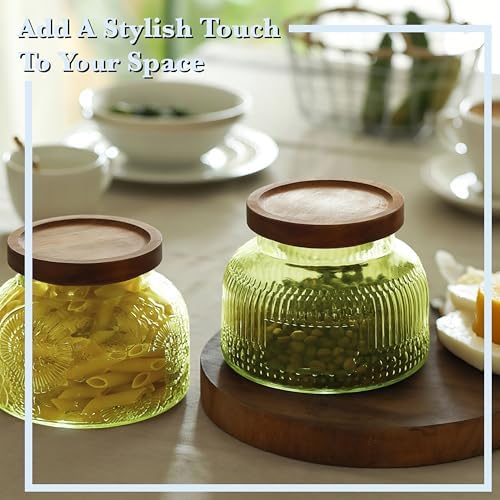 Decorative Green Ribbed Glass Jar with Airtight Wooden Lid, 40 fl. oz | Wide mouth vintage storage canister, kitchen pantry bathroom organization, coffee sugar tea cookie candy candle vase gift