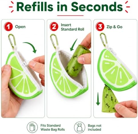 Dog Poop Bag Holder for Leash Lime Shape Pet Outdoor Accessory | Thin Lightweight Dog Waste Bag Carrier with Storage Pouch, Leash Attachment for Walking, Travel, Beach