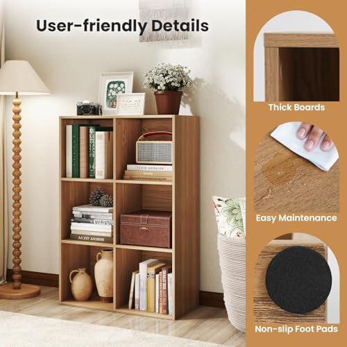 Giantex 6-Cube Bookcase, 3-Tier Cubby Bookshelf, Horizontal Vertical Display Rack with Anti-Tipping Kits, Modern Storage Organizer Shelf Unit for Bedroom, Living Room, Study Room, Natural | Horizontal Vertical Display Rack with Anti-Tipping Kits, Moder...