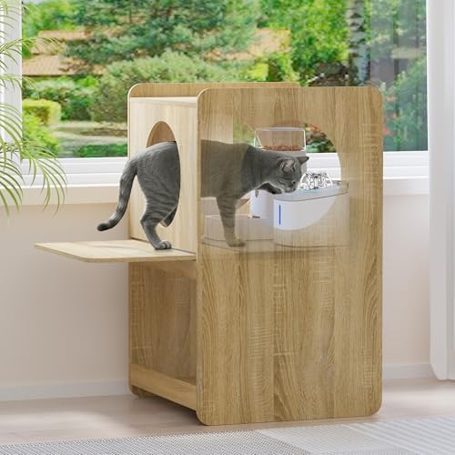 GDLF Cat Feeding Station with Water Fountain Space, Elevated Window Perch