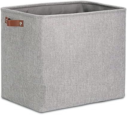 DULLEMELO Large Collapsible Storage Basket/Bin with Sturdy Leather Handles, Fabric Organizer Bin for Storage Clothes, Toys, Books, Office, Bedroom, Closet, Nursery & Laundry (Gray)