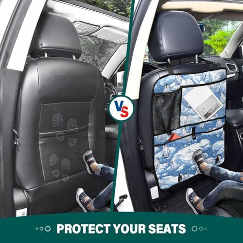 2 Pack Back Seat Car Organizer with Storage Pockets Kick Mats Back Seat Protector Hanging Car Organizer Automotive Seat Back Cover Organizers Blue Penguins Ice Flowers Snow