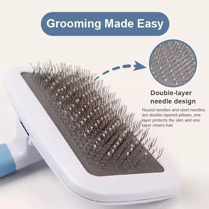 2 in1 grooming pet Slicker Brush forDe-Shedding Fine Comb for Finishing & Detail Ergoromic Handle Grip Suitable for All Hair Types Double-Layer Needle Design