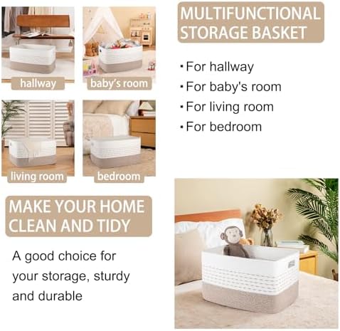 OIAHOM 75L Extra Large Blanket Basket, 22”x17”x15” Rectangle Woven Cotton Rope Baskets for Living Room, Toy Storage with Handle- Gradient Light Brown