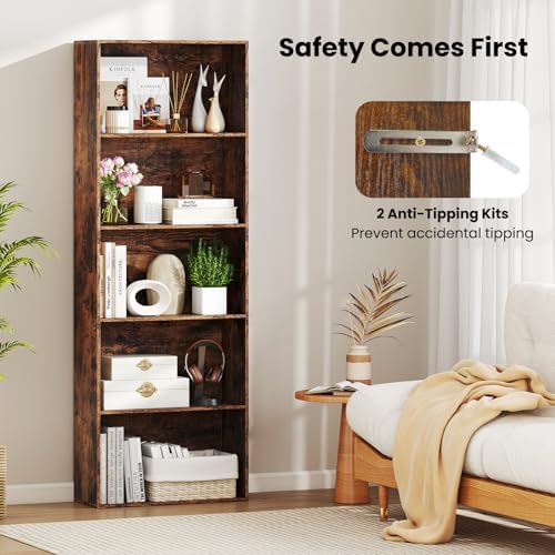 Giantex 5-Tier Bookshelf, Freestanding Bookcase with 5 Open Shelf, Modern Display Shelf, Storage Organizer for Living Room Bedroom Home Office, Rustic Brown
