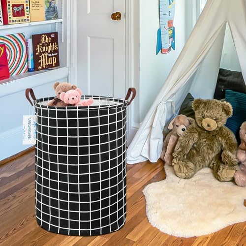 Round Laundry Basket Collapsible Storage Hamper Organizer Black Grid | Waterproof Canvas Foldable Baskets with sturdy Handles Multi-scene Organizer for Home Play Bedroom Gift Bin