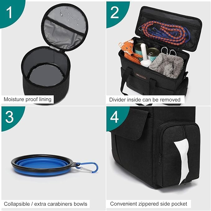 Modoker Weekend Dog Travel Bag Set with 2 Food Bags, 2 Bowls and Mat, Black | Dog Travel Accessories Organizer for Camping and Road Trips with Roomy Storage, Multiple Pockets and Water-Resistant Oxford
