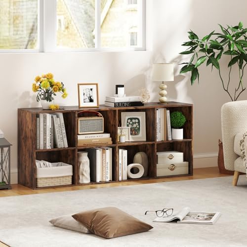 Giantex 8-Cube Bookcase, Floor Standing Bookshelf with Storage & 2 Anti-Tipping Kits, Open Storage Organizer, Cubby Wooden Book Shelf for Living Room, Study (Rustic Brown, 8-Cube)