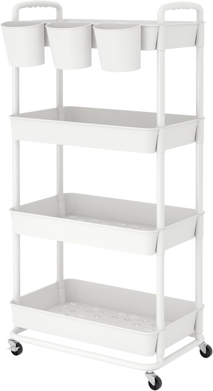 4-Tier Plastic Rolling Storage Cart Utility Cart White | Utility Cart with Extra Hanging Cups Arc-Shaped Handles Lockable Wheels for Living Room Bathroom Kitchen Office