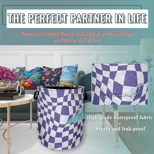 Purple Checkerboard Laundry Basket Oxford Cloth Hamper 18.9"x16.5"