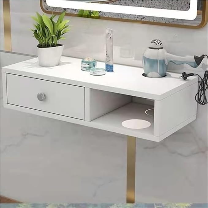 Wall Mounted Salon Station with Drawer, Barber Station with Hair Dryer Holder, Large Capacity Barber Desk, Barber Shop Hair Styling Cabinet for Spa, Salon(White,50cm/19.7in)
