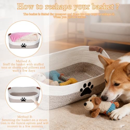 Woven Dog Toy Basket Large 100% Cotton Rope Basket for Dog Cats Toys Dog Toys Box for Living Room Area-Trapezoid Dog Toys Bin-Nursery Gift for Pet Toys,Collar,Leash,Blanket,Clothes-Brown