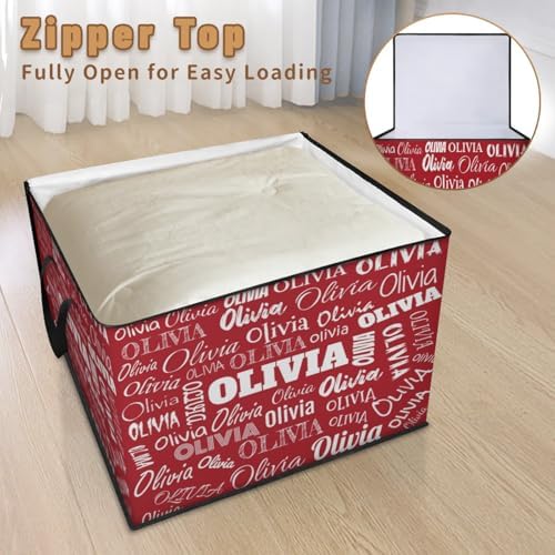 Personalized Extra Large Storage Bins with Lid, Customized Name Solid Red Background Jumbo Storage Basket Rectangle Clothes Organizer for Organizing Kids and Pets Toys Shelf Closet