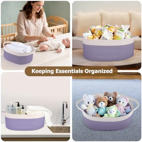 Small Woven Basket, 12" x 8" x 5" Gift Basket Empty with Ribbon and Gift Bag, Rope Basket for Baby Shower, Holiday Presents,Storage Basket with Handle for Nursery,Pet Toy Basket (White-Purple)