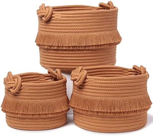 NaturalCozy 3-Piece Boho Decor Storage Basket Set – Cotton Rope Woven Baskets for Organizing! Small Basket for Baby Stuff, Baby Shower, Gift Basket, Nursery Basket, Planter, Toy Basket, Shelves