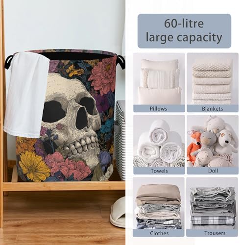 Skeleton Laundry Basket,Butterfly Flowers Oxford Cloth Laundry Hamper with Handle Foldable Portable Clothes Storage Basket for Bathroom Bedroom Dorm Room 16" x 20.8"