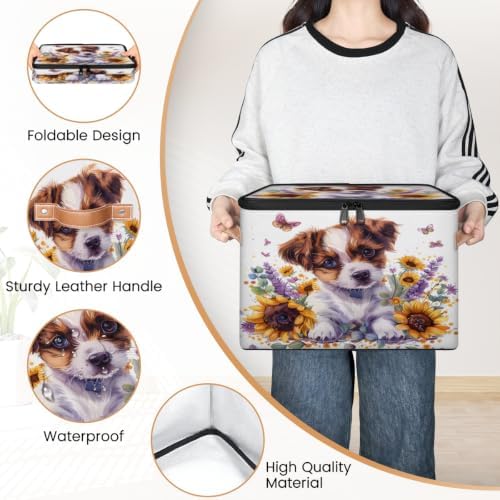 Cute Puppy Dog Sunflower Storage Box with Zipper Lid | Collapsible, Fabric, Storage Bin, Handle, Large, Closet Organizer, Containers, Bedroom, Home, Floral