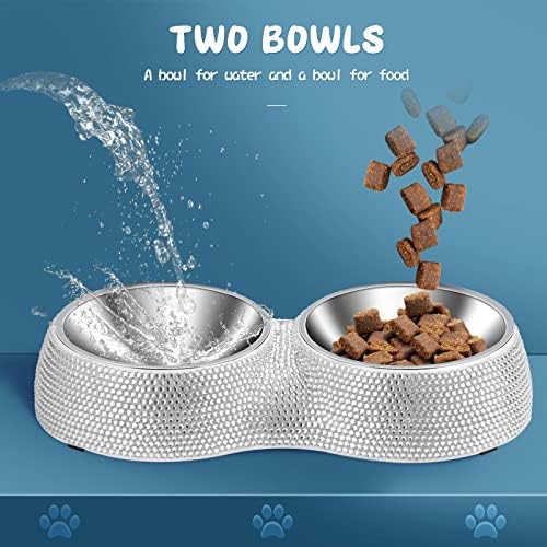 eing Dog Bowls Double Dog Water and Food Bowls Stainless Steel Bowls with Non-Slip Resin Station and Bling Rhinestones, Pet Feeder Bowls for Puppy Medium Dogs Cats Puppy Pets,White