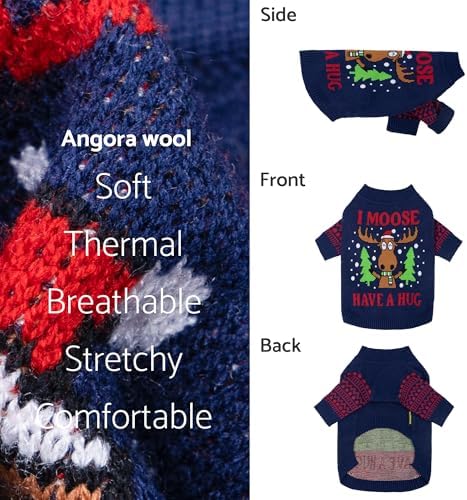 Fitwarm Funny Moose Dog Ugly Christmas Sweater, Winter Dog Clothes for Small Dogs Girl Boy, Pet Xmas Outfit, Navy, XL