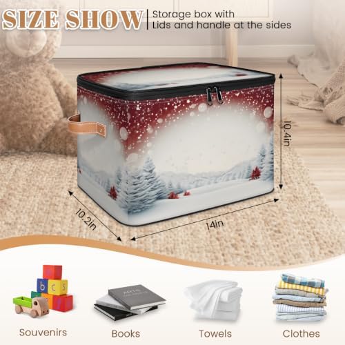 Merry Christmas New Year Holiday Fabric Storage Bin with Lid | Storage Basket, Collapsible, Foldable, Waterproof, Handle, Large, Closet Organizer, Home, Xmas Tree Winter