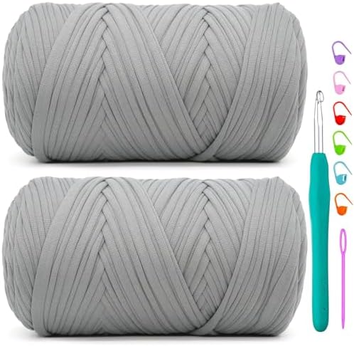 2 Pack Tshirt Yarn for Crochet,Grey T Shirt Soft Elastic Fabric Chunky Thick T-Shirt Crochet Yarn for Crocheting Knitting Beginner Hand Knitting Bag/DIY Craft/Home Decor 2 * 400G-Grey