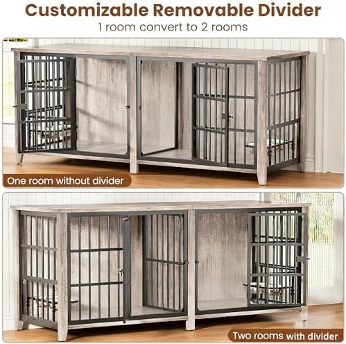 YaFiti 78.84" Dog Crate Furniture for 2 Dogs, Double Wooden Dog Kennel,Grey | Feeder, Divider, Double Doors, for Large Dogs, Up to 100 lb, Heavy Duty , TV Stand, Side End Table, Decorative Pet Cage