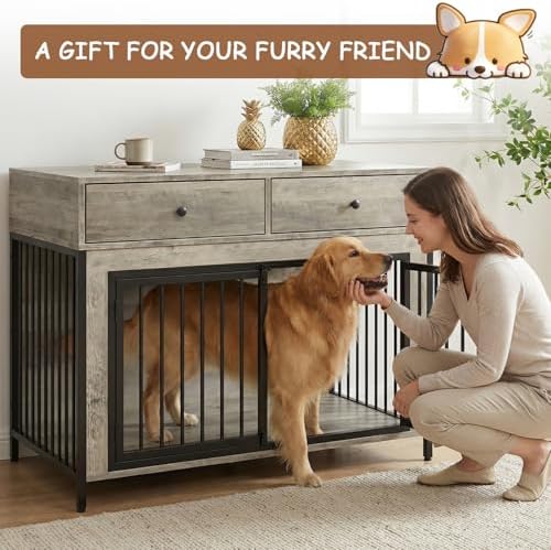2 Pcs Large Dog Kennel Furniture with 2 Drawers, Wooden Dog Crate, Grey | 44 inch dog crate furniture with storage, decorate end table, dog cage for small medium large dogs