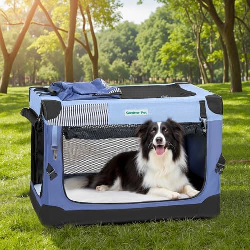 Gardner Pet 36 Inch Folding Soft Dog Crate -5 Mesh Windows Collapsible Dog Crate with 2 Storage Bags and Fleece Bed, Portable Dogs Travel Kennel for Medium/Large Dogs Indoor & Outdoor, Blue