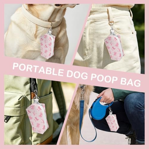 Dog Waste Bag Dispenser with Zippered Pouch, Durable Polyester Dog Poop Bag Holder for Leashes, Portable Lightweight Pink Bow Pet Doggy Waste Bag Holder