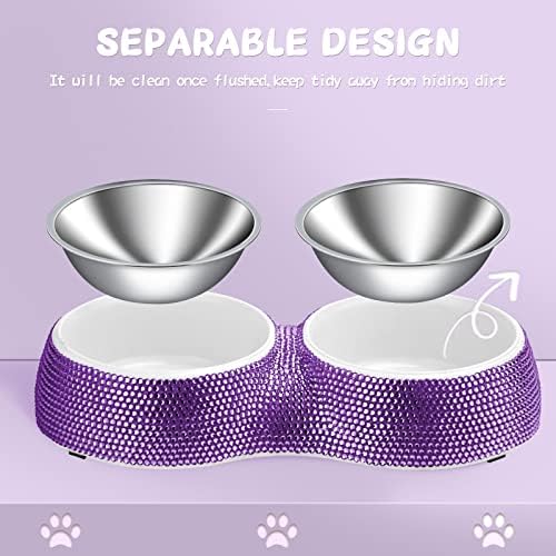 eing Dog Bowls Double Dog Water and Food Bowls Stainless Steel Bowls with Non-Slip Resin Station and Bling Rhinestones, Pet Feeder Bowls for Puppy Medium Dogs Cats Puppy Pets,Purple