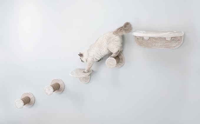 Trixie Wall Mounted Cat Lookout Set – Climbing Shelves with Sisal Steps & Plush Platforms – Wall-Mounted Cat Shelves for Scratching & Lounging – Light Gray-Greige, 12.75 x 18.75 x 6.25 in