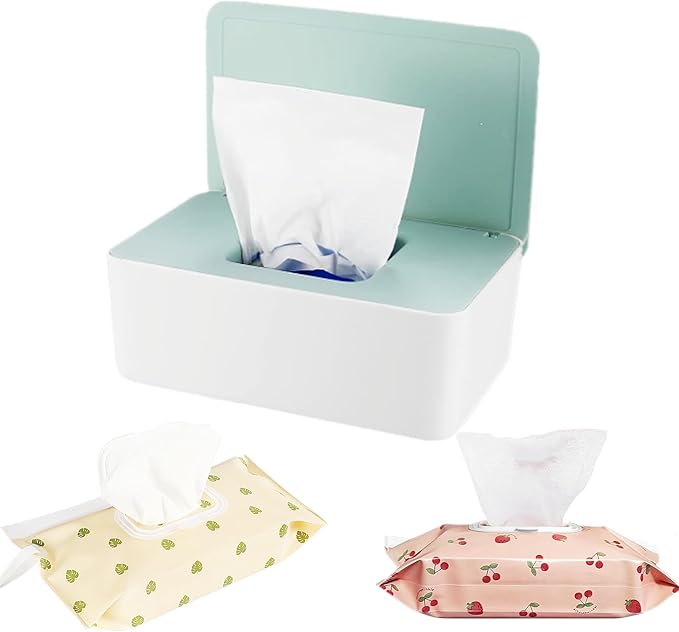 Wipes Dispenser Set,1 Wipe Box & 2 Portable Pouches,White-Green | Refillable Reusable Large Wet Wipe Holder, Flushable Wipes Case Bathroom Wipes Container for Pet Nursery Kitchen Office
