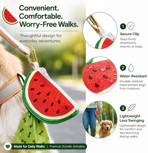 Watermelon Shaped Dog Poop Bag Holder Leash Attachment | Zipper Poop Bag Holder Dispenser & Trash Bag Carrier for Dog Walking, Cute Leash Attachable Dog Poop Bag Holder