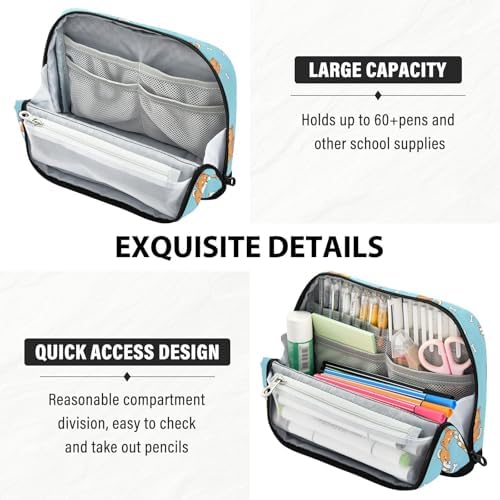 Emelivor Pets Dogs Shiba Blue Print Large Capacity Pencil Case Stand Up Pencil Pouch for School Office Aesthetic Pen Organizer Bag with Pockets Portable Stationery Bag for Kids Adults Boys Girls