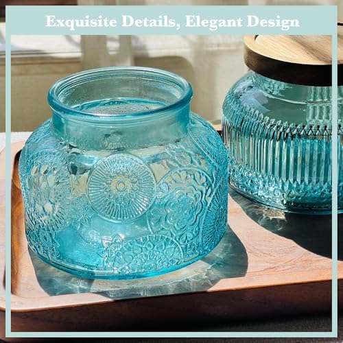 Decorative Blue Glass Jars with Airtight Wooden Lids 2 pack, 25.4 fl. oz | Wide mouth vintage storage canister, kitchen pantry bathroom organization, coffee sugar tea cookie candy candle vase gift